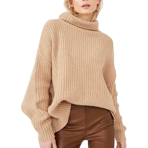 Free People Swim Too Deep Pullover Turtleneck Sweater Almond Size Medium New - Picture 1 of 13